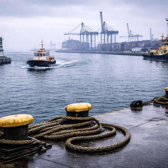 Winter daylight Ukrainian seaport with pilot boat, tug and cranes, no text, no logos