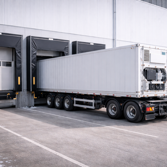 Refrigerated export containers being loaded at a modern Ukrainian meat processing and cold storage facility in winter daylight, no text