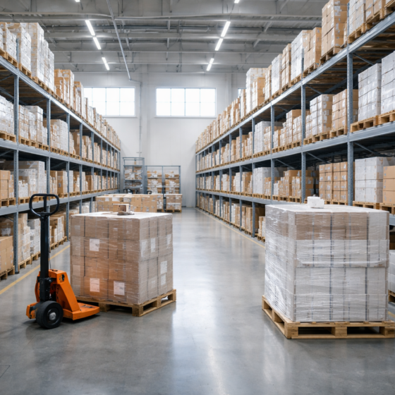 Pharmaceutical distribution warehouse in Ukraine with unbranded medicine packages on shelves, symbolizing transparent regulated pricing