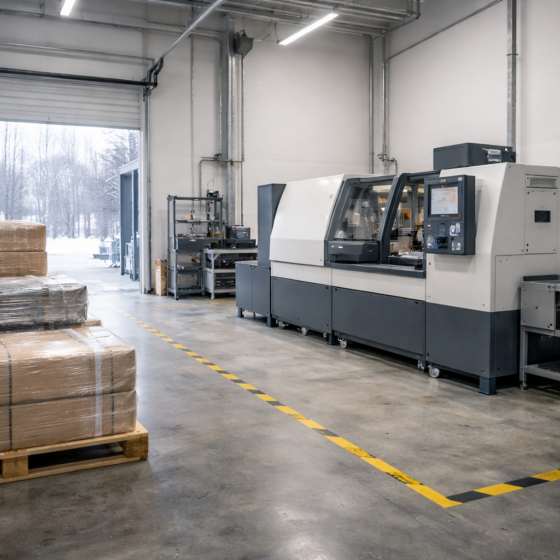 Ukrainian small manufacturing workshop with new industrial equipment and pallets, symbolizing development finance and economic recovery