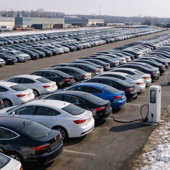 Rows of new passenger cars at a logistics distribution yard in Ukraine in winter daylight, no text