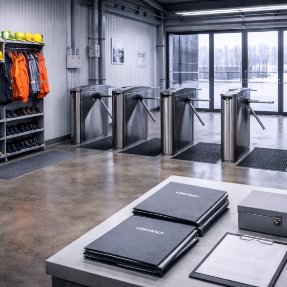 Industrial facility HR compliance station with access control and contract folders, no text, no logos, no flags