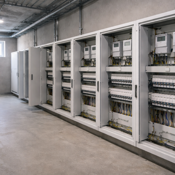 Row of unbranded electricity meter cabinets in a Ukrainian residential utility corridor, no text