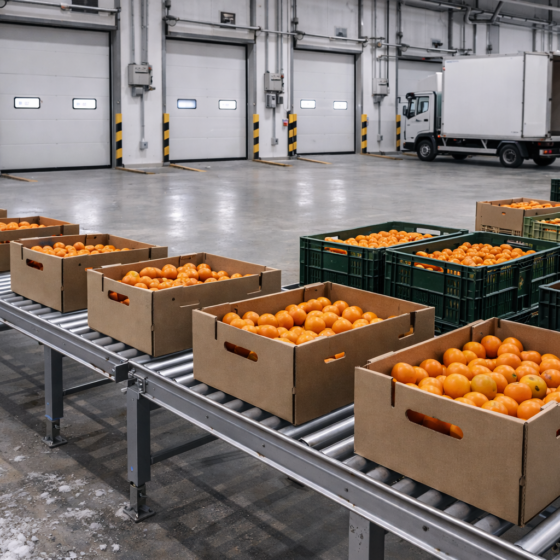 Winter fruit distribution hub in Ukraine with persimmon crates on a sorting line, no text