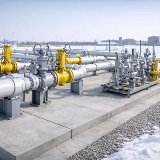 Gas metering station pipelines and valves near the Ukraine Poland border in winter daylight, documentary style