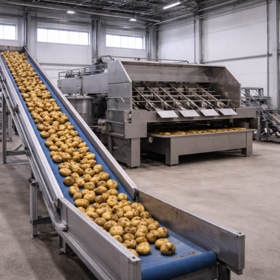Potato sorting line in a modern Ukrainian agrifood warehouse, winter daylight, no text