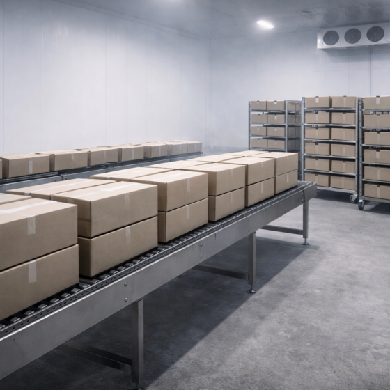 Unbranded export cartons of chilled poultry on clean stainless processing racks in a cold room, winter daylight, no text
