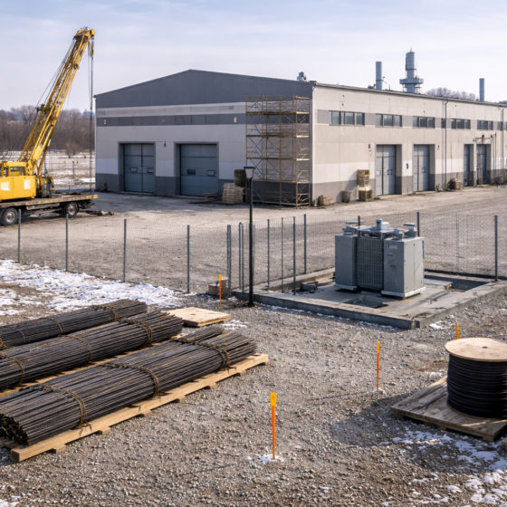 Winter daylight industrial facility yard prepared for privatization with crane and scaffolding, no text