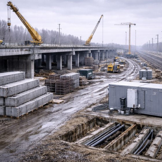 Ukrainian infrastructure reconstruction site with cranes and new utility connections in winter daylight, no text