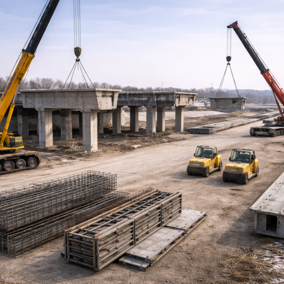 Dry winter infrastructure reconstruction site near Kyiv with cranes and concrete bridge works, no text