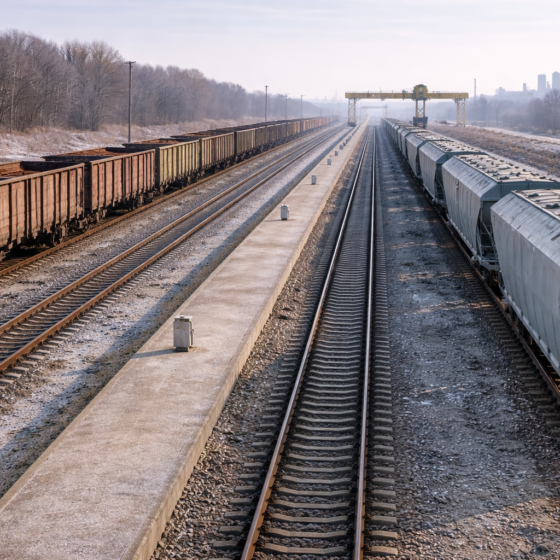 Winter rail freight yard with unbranded wagons and industrial background, no text