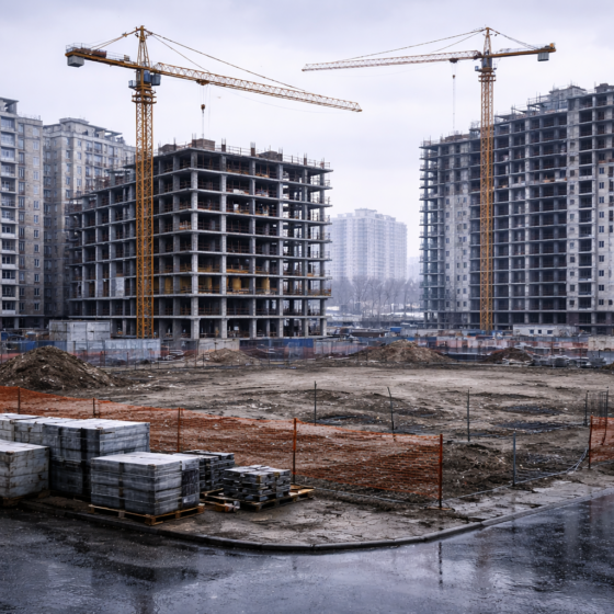 Winter daylight view of a modern Ukrainian residential construction site with cranes and renovated facades, no text, no logos