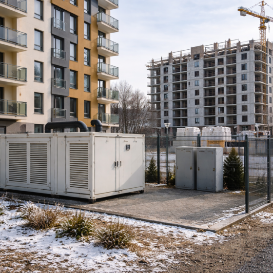 Winter Ukrainian residential district with new-build construction and a small backup generator unit in a courtyard, no text
