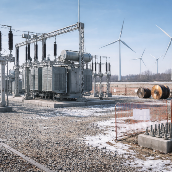 High-voltage substation near a wind farm in Ukraine in winter daylight, symbolizing auction-backed renewable projects, no text