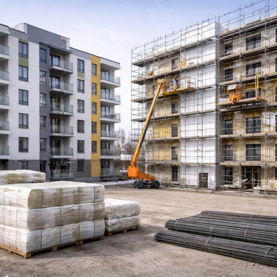 Modern apartment building construction and renovation site in Ukraine in winter daylight, no text