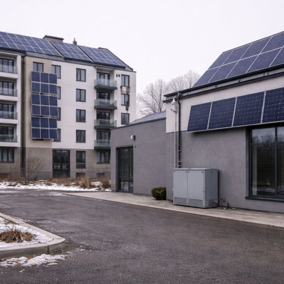 Rooftop and facade solar on mid-rise buildings in winter daylight, clean installation, no text