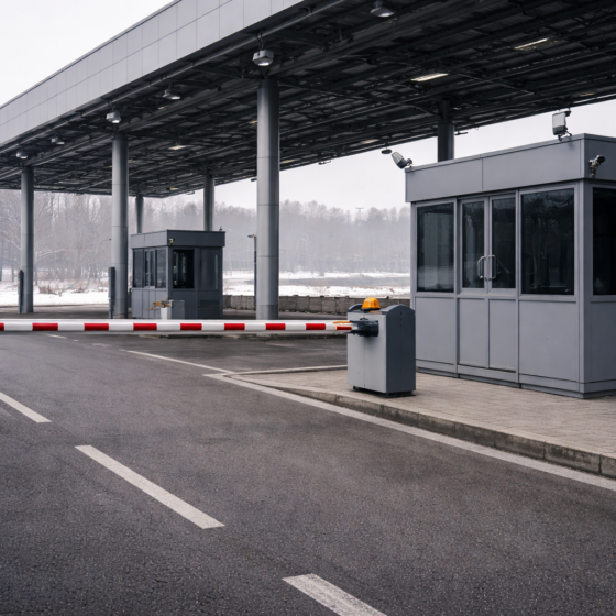 Modern border checkpoint lane with barrier gate and control booth, no text