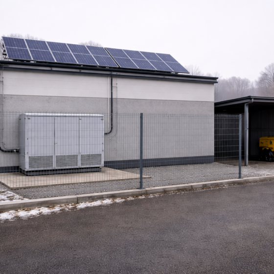 Small business building with rooftop solar and battery cabinet, unused portable generator nearby, winter light
