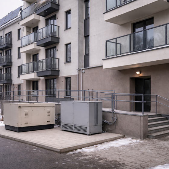 Apartment building courtyard with compact generator and battery inverter cabinet, rooftop solar panels visible, no text
