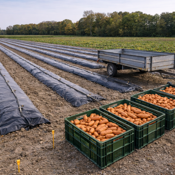 Raised-bed sweet potato field with mulch film and drip lines and crates of harvested batat, no text