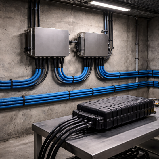 Secure underground fiber optic communication vault with sealed junction boxes, no text