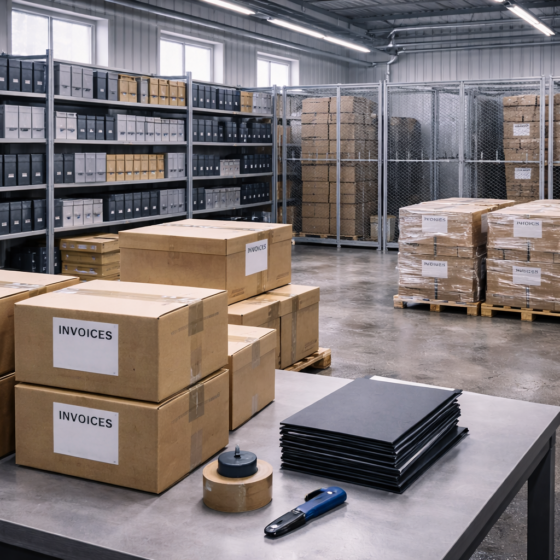 Secure compliance archive with sealed invoice boxes and folders in Ukraine, no text