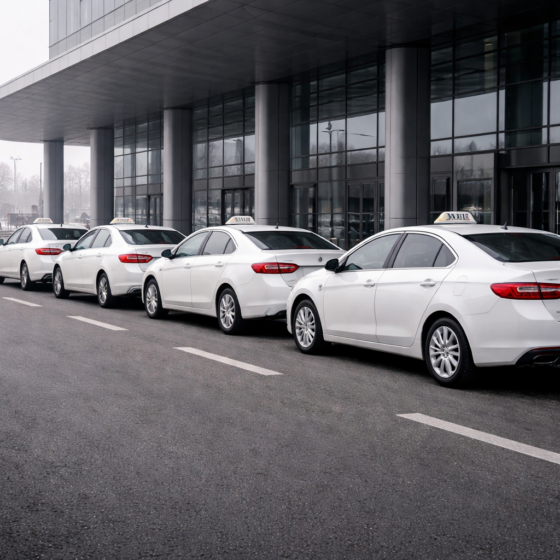 Unbranded taxis lined up at a city pickup zone on a dry winter day, no text