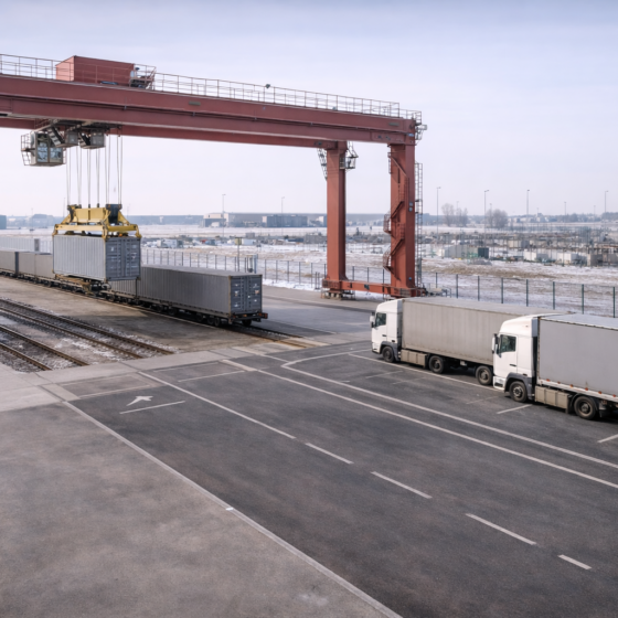 Rail container freight terminal in winter daylight in Ukraine, dry asphalt and concrete, no people