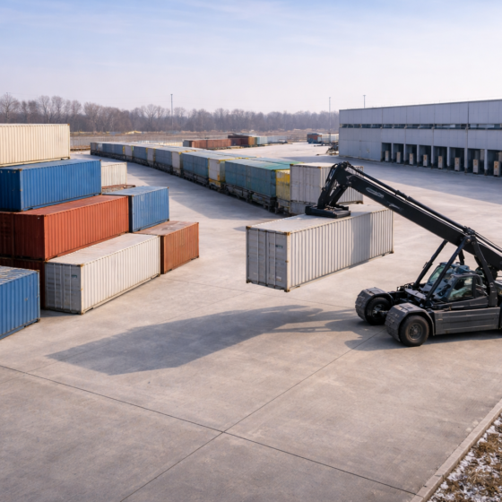 Dry winter daylight intermodal logistics terminal in Ukraine with unbranded containers and rail freight, no text
