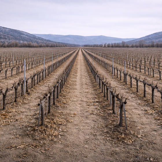 Winter vineyard rows in southern Ukraine with dry ground and clean sky, no text, no flags