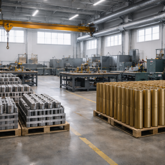 Defense manufacturing workshop in Ukraine with unbranded metal components on pallets, symbolizing scaling domestic production capacity