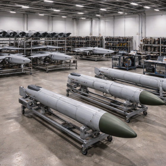 Secure industrial assembly hall with unbranded drone and missile components on racks and wheeled stands, no text
