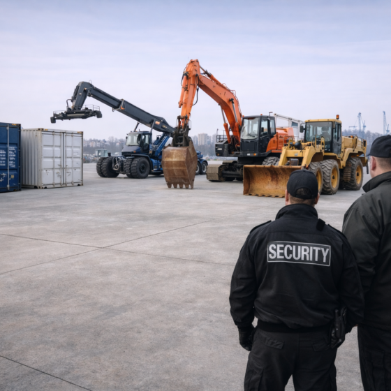 Dry winter daylight asset enforcement yard with unbranded containers and heavy industrial equipment staged for inspection, clean concrete surface, calm industrial atmosphere, no flags, no text
