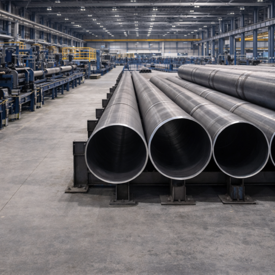 Modern steel pipe manufacturing workshop with clean unbranded equipment and neatly stacked pipes, no text