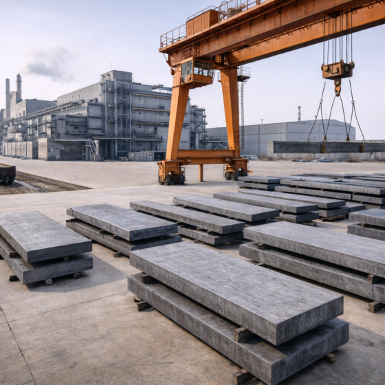 Steel slabs and rail loading yard at a Ukrainian metallurgical plant in winter daylight, industrial scene, no text, no flags