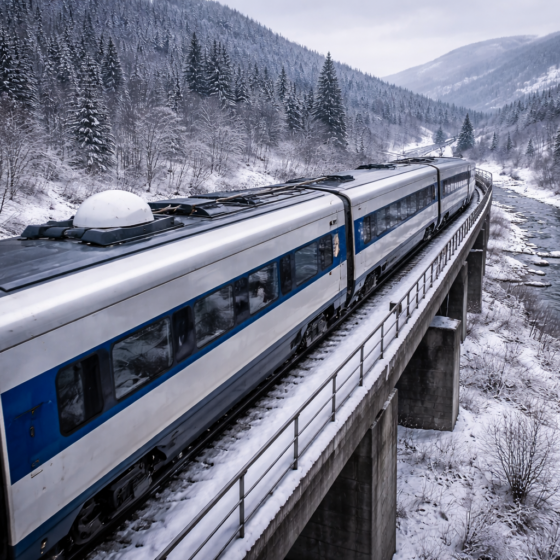 Long-distance passenger train in winter with a satellite antenna dome on the roof, no text, no logos