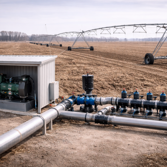Center pivot irrigation system and compact pump station in a dry field in Ukraine, no text