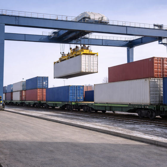 Intermodal logistics terminal with containers being loaded onto a freight train in winter daylight, no text