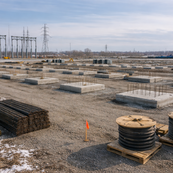 Industrial park construction site in Ukraine with substation infrastructure and foundations in winter daylight, no text