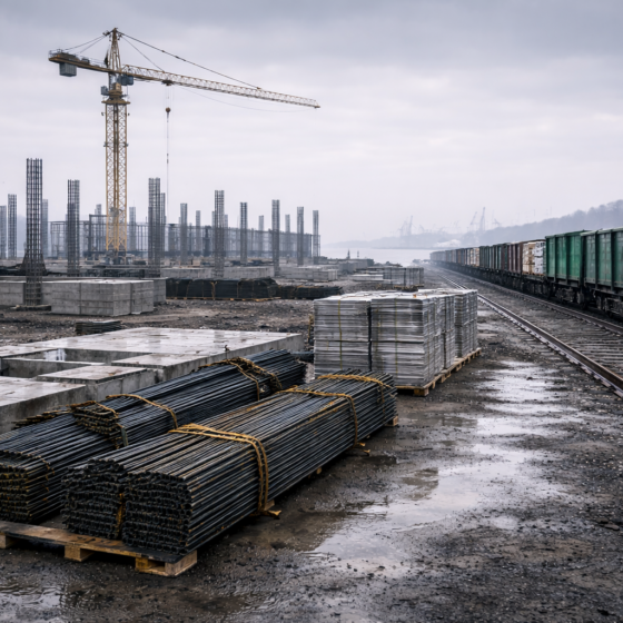 Industrial reconstruction site with crane, rails and construction materials in Ukraine, no text