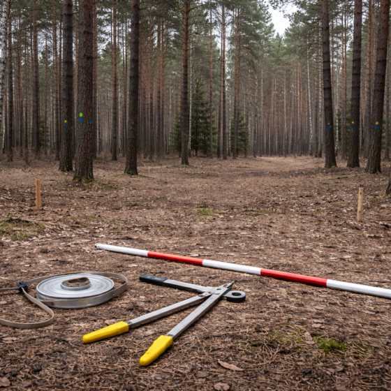 Forestry training plot in a mixed forest with measurement tools and marked trees, winter light, no text