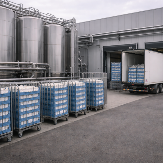 Modern dairy processing facility in Ukraine with cold-chain export loading bay and unbranded milk cartons in reusable crates, winter daylight