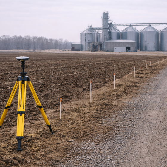 Ukrainian agricultural field boundary survey with GNSS tripod and grain storage facility, winter daylight, no text