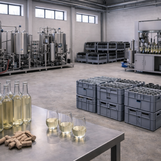 Modern wine production area with stainless equipment and unlabeled bottles, no text