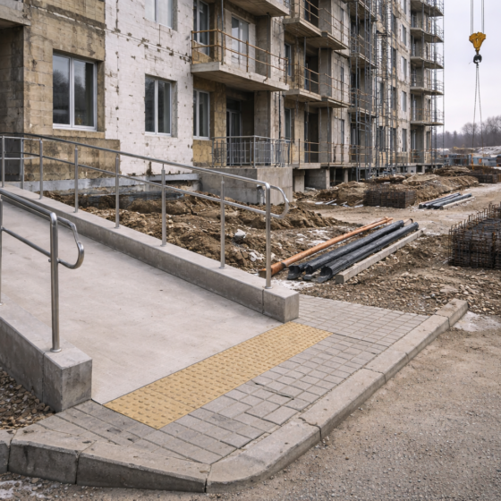Residential construction site in winter daylight showing barrier-free ramp access and wide step-free entry, no text