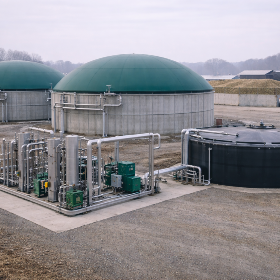 Outdoor agricultural biomethane facility with digesters and gas upgrading skid in winter daylight, no text