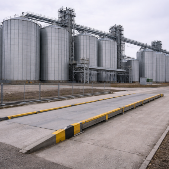 Modern grain elevator complex during winter daylight, dry matte surfaces, no text
