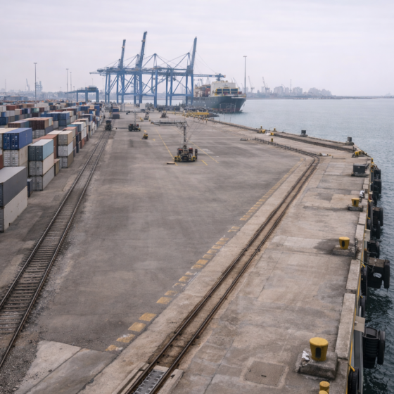 Modern Black Sea port quay with container yard and rail spur, winter daylight, no text
