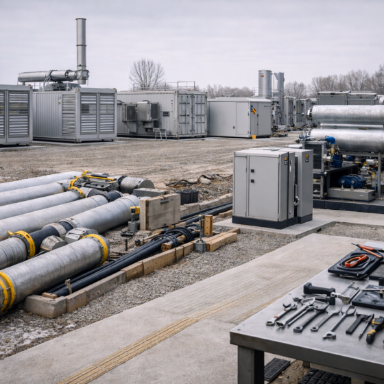 Decentralized cogeneration modules and heat recovery equipment connected to grid infrastructure in winter daylight, no text