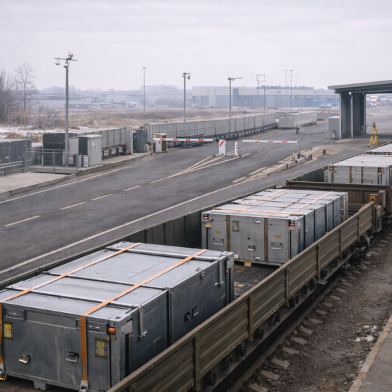Secure export control rail loading yard with sealed unmarked steel crates, winter daylight, no text